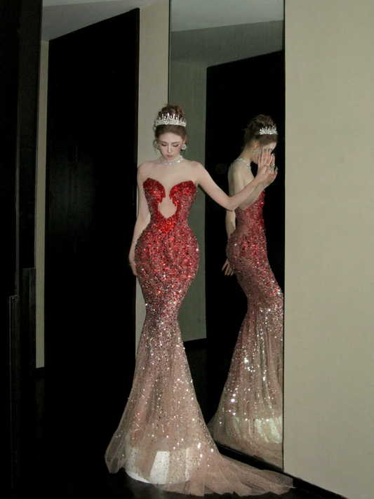 Modest Mermaid Sweetheart Burgundy With Beaded Crystals Prom Dress Aesthetic Long Graduation Evening Outfits N058