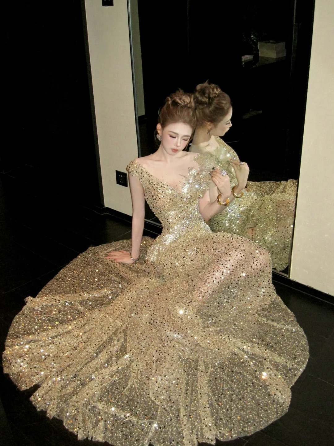 Shiny Mermaid Gold Sequin With Corset Fitted Back Prom Dress Aesthetic Long Graduation Evening Outfits N059