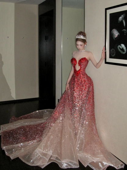 Modest Mermaid Sweetheart Burgundy With Beaded Crystals Prom Dress Aesthetic Long Graduation Evening Outfits N058