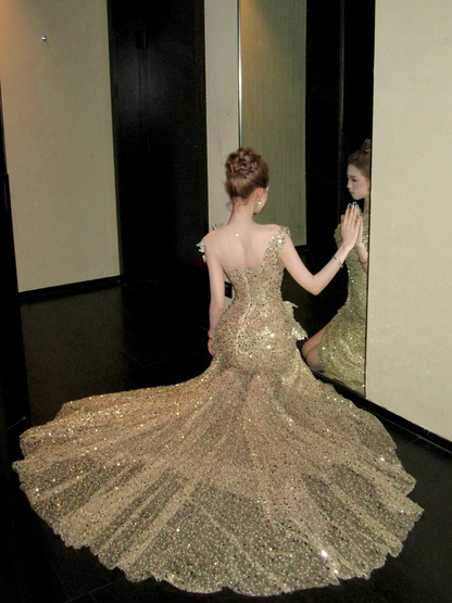 Shiny Mermaid Gold Sequin With Corset Fitted Back Prom Dress Aesthetic Long Graduation Evening Outfits N059