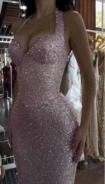 Glitter Halter Pink Long Party Dress Prom Dresses Sequin Mermaid Bodycon For Teens Girls Women N4099