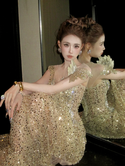Shiny Mermaid Gold Sequin With Corset Fitted Back Prom Dress Aesthetic Long Graduation Evening Outfits N059