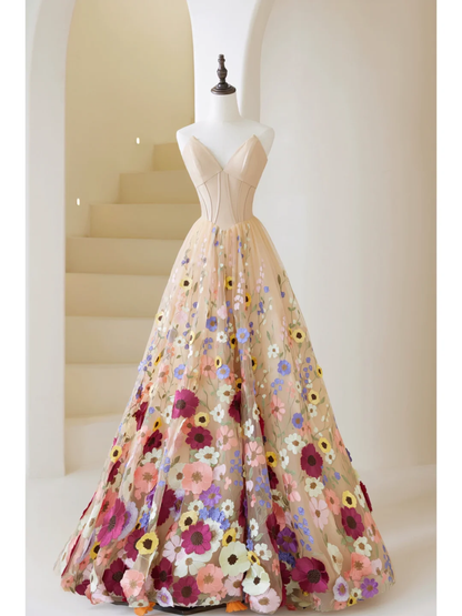 Cute Ball Gown Sweetheart Floral Tulle Champagne Long Prom Dresses Impress 19th Birthday Outfits Prom Gown AB859