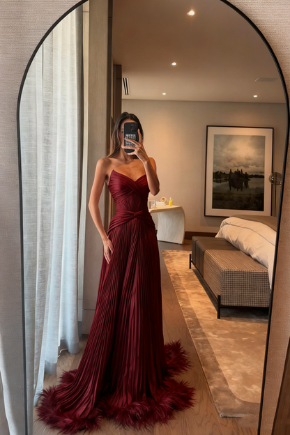 Special A Line Sweetheart Pleated Chiffon Pink Sleeveless Feathers Long Prom Dresses Inspo Prom Gown RB1394