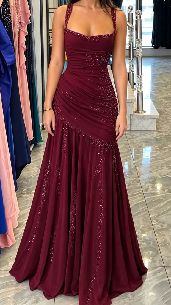 Dreamy Mermaid Square Neck Burgundy Sleeveless With Beading Long Prom Dress Evening Party Formal Outfits RB6691