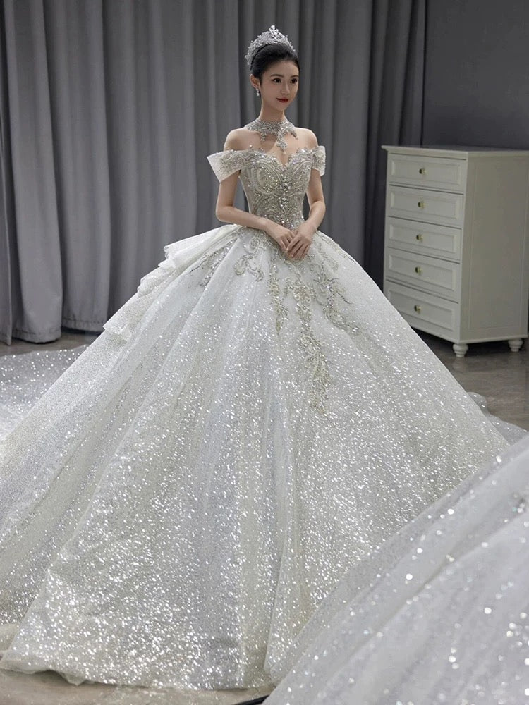 Sparkle Ball Gown Off The Shoulder Sequin Short Sleeves White Silver Beaded Wedding Dress Long Bridal Gown Wedding Dresses Ideas DH2899