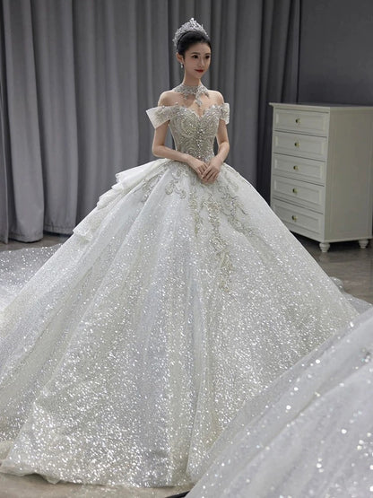 Sparkle Ball Gown Off The Shoulder Sequin Short Sleeves White Silver Beaded Wedding Dress Long Bridal Gown Wedding Dresses Ideas DH2899