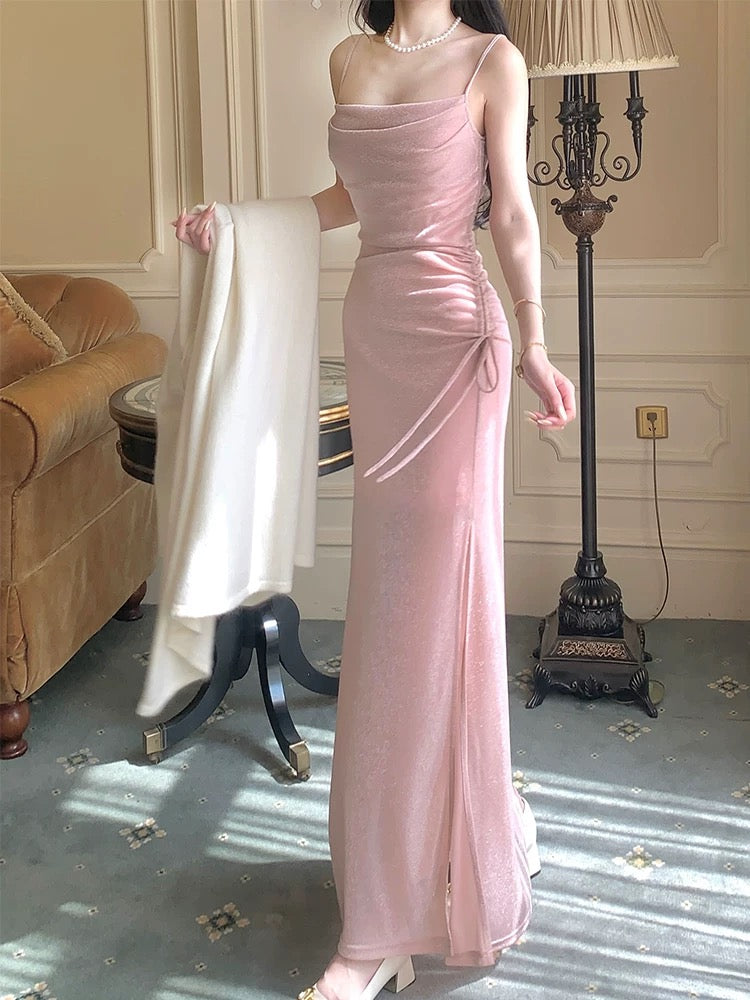 Modest Mermaid Spaghetti Strap Pink Sequin Evening Dresses Slit High School Teens Senior Night Dance Prom Outfits N016