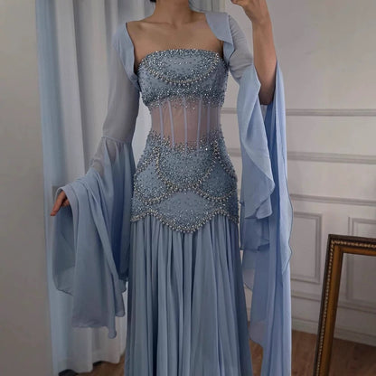 Classy A Line Strapless Blue Chiffon Beaded Prom Dresses Formal Dress 20th Birthday Outfits Prom Gown RB1966