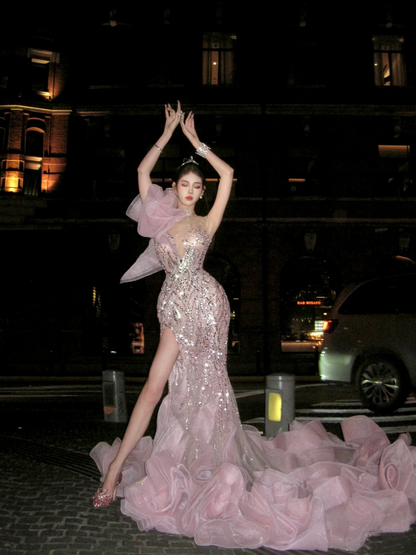 New Mermaid One Shoulder Pink Layered Prom Dress Aesthetic Long Graduation Evening Outfits N078
