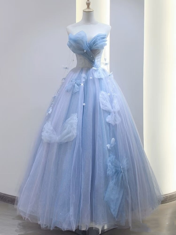 Charming Ball Gown Sweetheart Blue Tulle Long Prom Dresses Formal Party Dress Prom Gown AU112