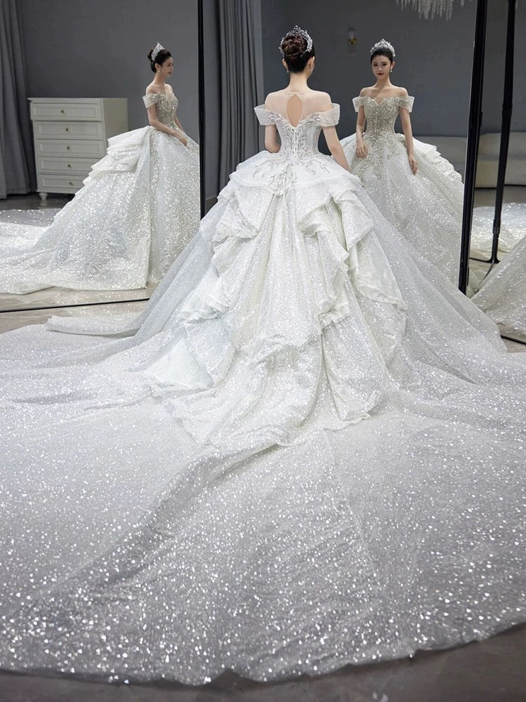 Sparkle Ball Gown Off The Shoulder Sequin Short Sleeves White Silver Beaded Wedding Dress Long Bridal Gown Wedding Dresses Ideas DH2899
