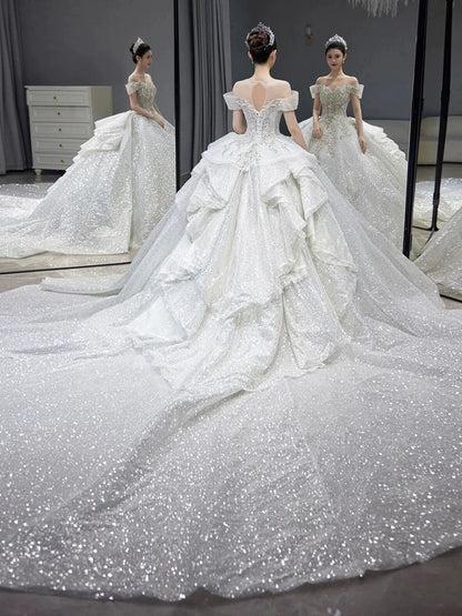 Sparkle Ball Gown Off The Shoulder Sequin Short Sleeves White Silver Beaded Wedding Dress Long Bridal Gown Wedding Dresses Ideas DH2899