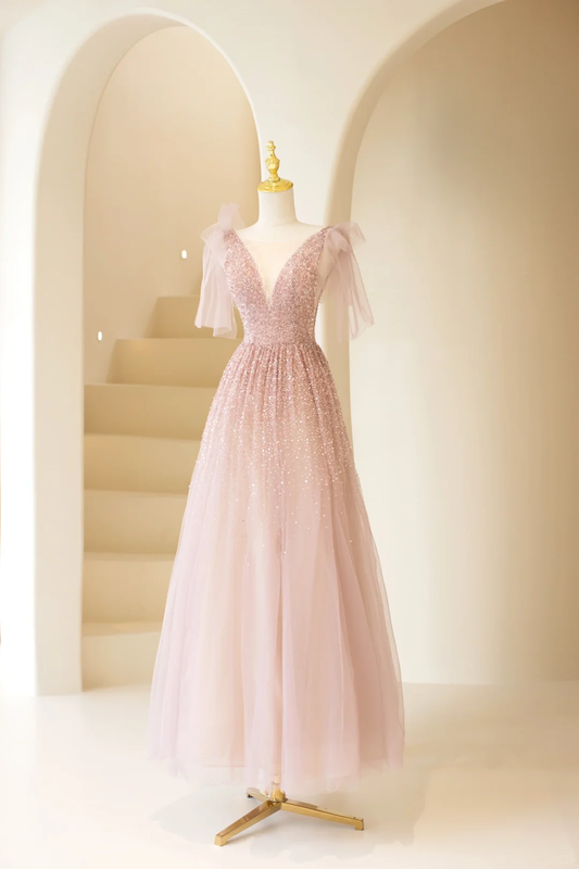 Elegant A Line V Neck Pink Tulle Sequin Long Prom Dress Charming Evening Party Gowns Fashion Wedding Guest Dress AB1026
