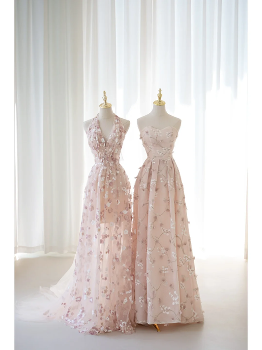 Cute A line Halter Floral Tulle Pink Long Prom Dresses Impress 19th Birthday Outfits Prom Gown AB1004