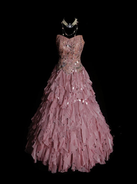 Vintage Ball Gown Sweetheart Sequined Pink Layered Tiered Sweet 16 Dresses Quinceanera Dress Long 15 Vestidos De Fiesta N1326
