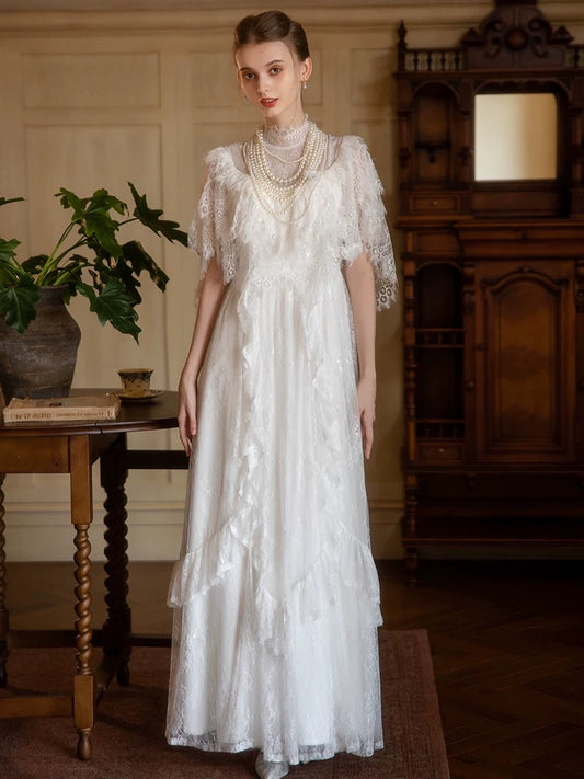Princess Wedding Dresses A line High Neck White With Sleeves Long Summer Garden Wedding Dress N4104