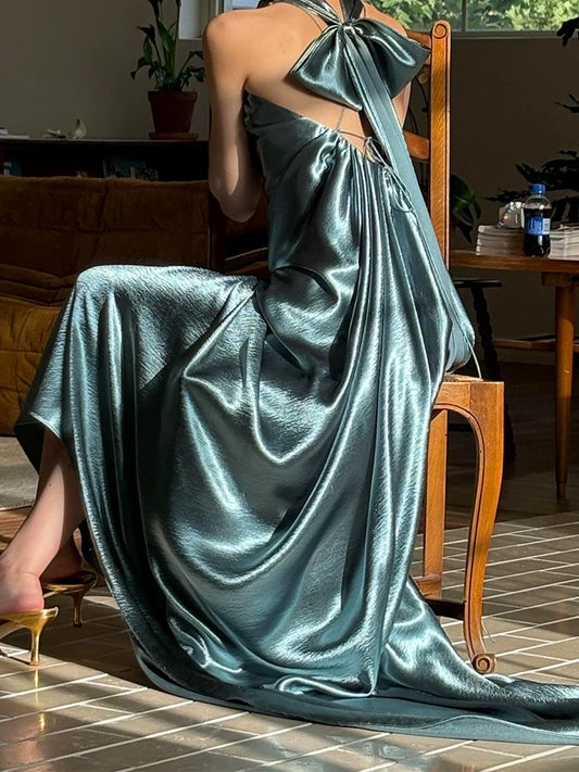 Modest A line High Neck Backless Blue Satin Birthday Elegant Outfit Formal Prom Dresses N4105