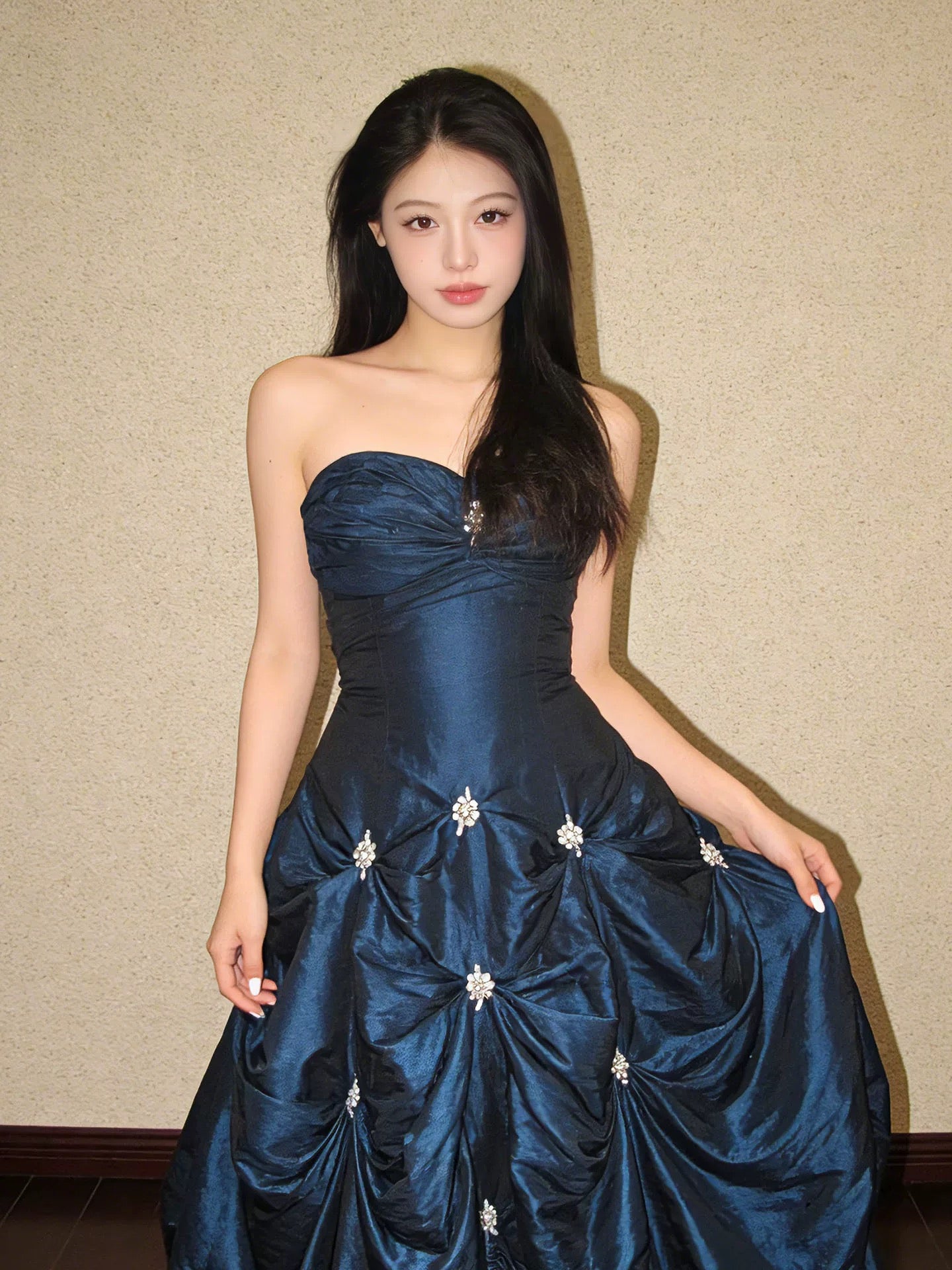 Modest Ball Gown Sweetheart Navy Blue Satin Birthday Elegant Outfit Formal Prom Dresses N4107