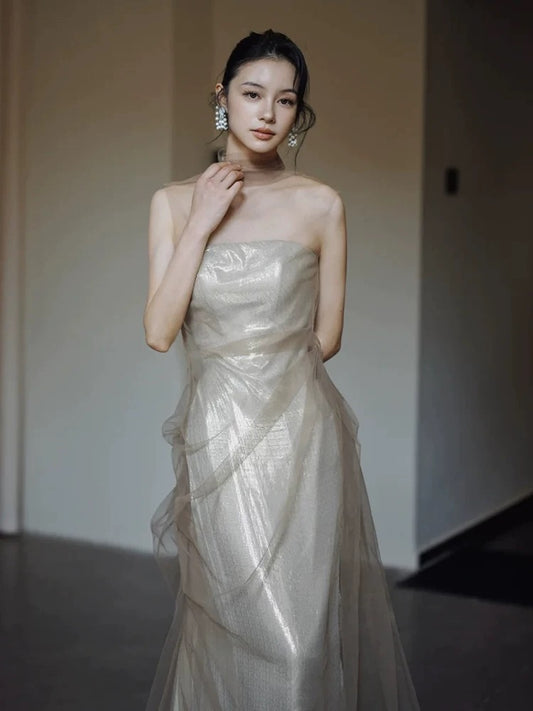 Modest Sheath Strapless Sequin Long 18th Birthday Elegant Outfit Formal Prom Dresses N4108