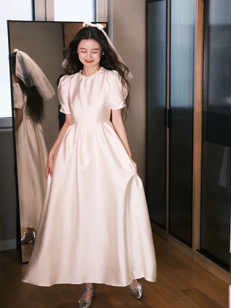 Simple Wedding Dresses A line Scoop White Ankle Length Summer Garden Wedding Dress N4110