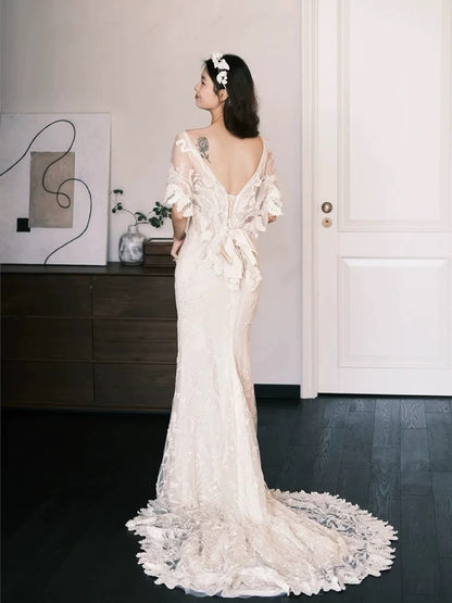 Simple Wedding Dresses Mermaid Bateau Neck Lace Long Summer Garden Wedding Dress N4111