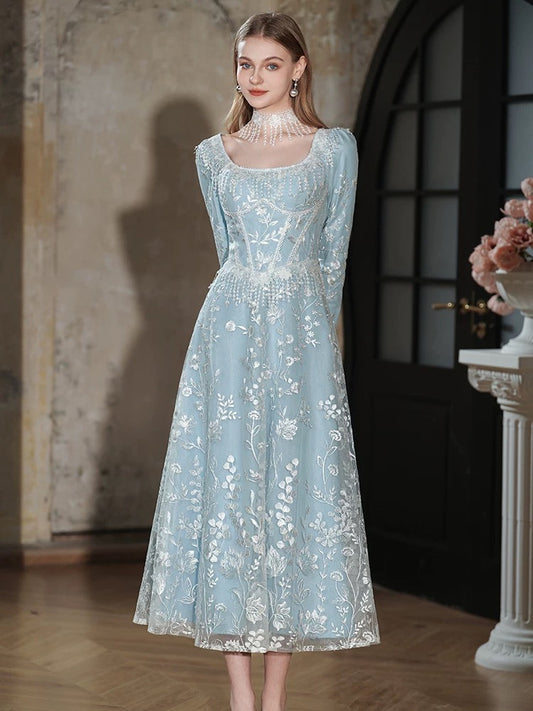 Modest A Line Square Neck Blue Sequin Mid Length 18th Birthday Elegant Outfit Formal Prom Dresses N4113