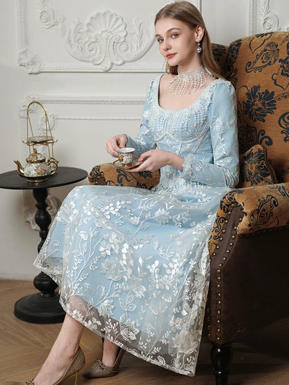Modest A Line Square Neck Blue Sequin Mid Length 18th Birthday Elegant Outfit Formal Prom Dresses N4113