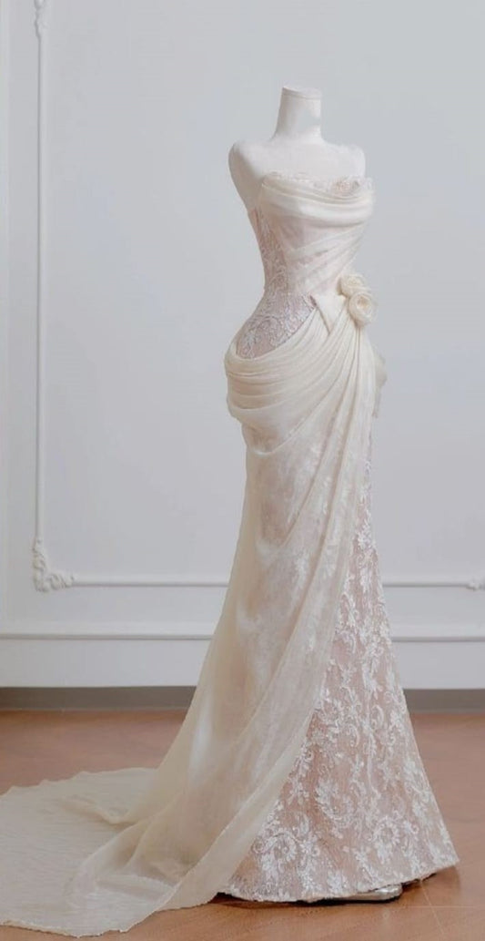 Wedding Dress Simple Mermaid Sweetheart Lace White With Ruffled Floor Length Bridal Gown RC1377