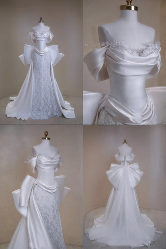 Wedding Dress Timeless Mermaid Off The Shoulder Lace White With Bow-knot Floor Length Bridal Gown RC1379