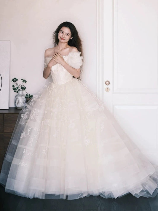 Ethereal Wedding Dresses Ball Gowns Off The Shoulder White Tulle With Lace Summer Garden Wedding Dress N4086