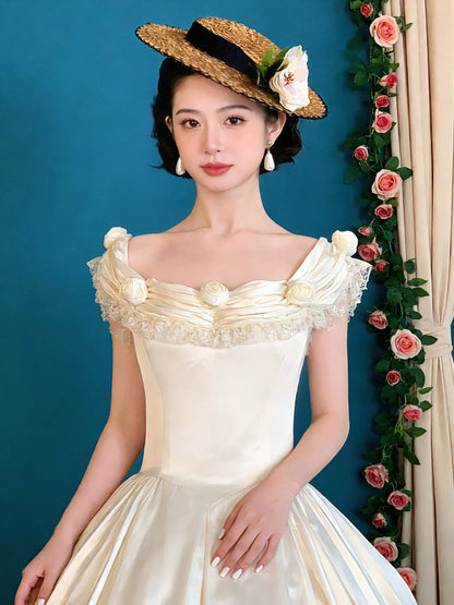 Vintage Wedding Dresses Ball Gowns Square Sleeveless With Flowers Summer Garden Wedding Dress N4090