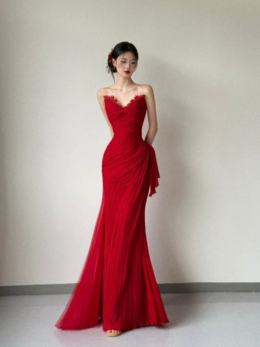 Modest Mermaid Sweetheart Red Chiffon Birthday Elegant Outfit Formal Prom Dresses N4091