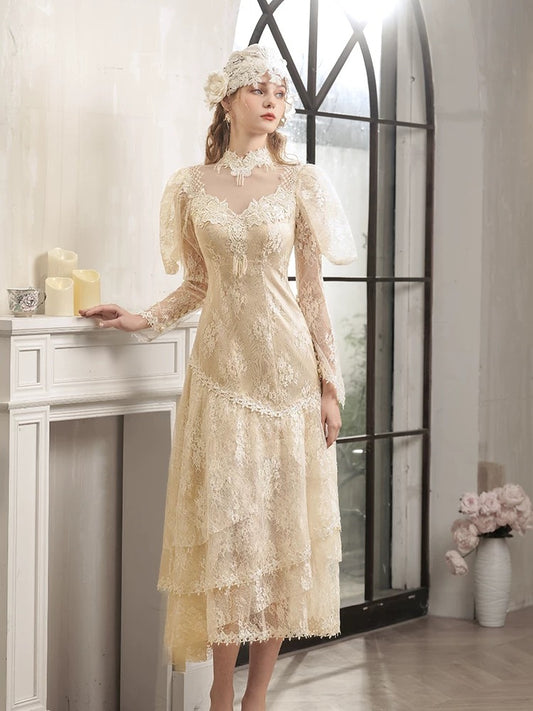 Vintage Wedding Dresses A Line High Neck Sleeves With Lace Tea Length Summer Garden Wedding Dress N4092