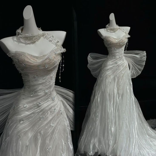 Princess Wedding Dress Mermaid Strapless Organza White With Ruffled Bow-knot Floor Length Bridal Gown RC1385