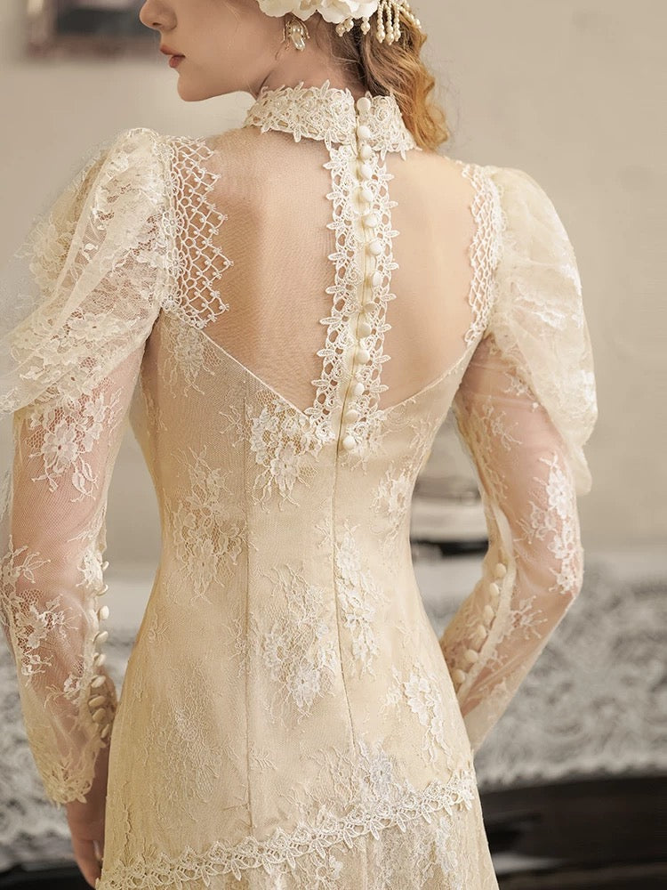 Vintage Wedding Dresses A Line High Neck Sleeves With Lace Tea Length Summer Garden Wedding Dress N4092