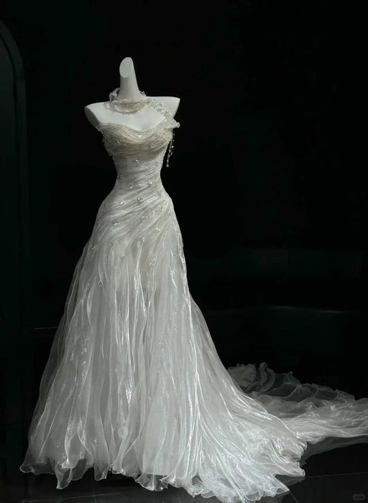 Princess Wedding Dress Mermaid Strapless Organza White With Ruffled Bow-knot Floor Length Bridal Gown RC1385