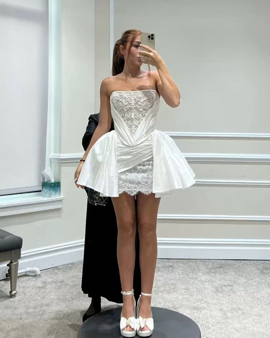 Unique Wedding Dresses Sheath Strapless White Short With Lace Short Length Summer Garden Wedding Dress N4093
