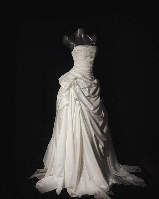 Princess Wedding Dress Ball Gown Halter White With Ruffled Floor Length Bridal Gown RC1386