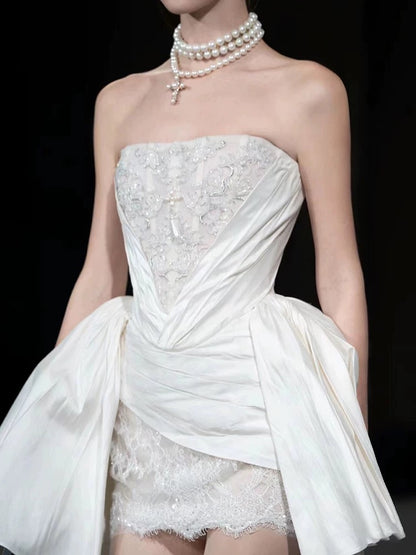 Unique Wedding Dresses Sheath Strapless White Short With Lace Short Length Summer Garden Wedding Dress N4093