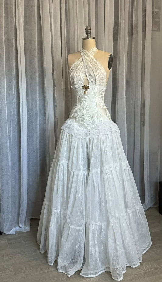 Princess Wedding Dress Ball Gown Halter White Lace With Ruffles Floor Length Bridal Gown RC1393