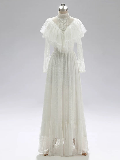 Vintage Wedding Dresses A Line High Neck With Sleeves Lace Floor Length Summer Garden Wedding Dress N4096