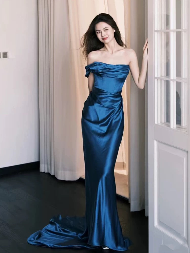 Modest Mermaid One Shoulder Navy Blue Satin Birthday Elegant Outfit Formal Prom Dresses N4097