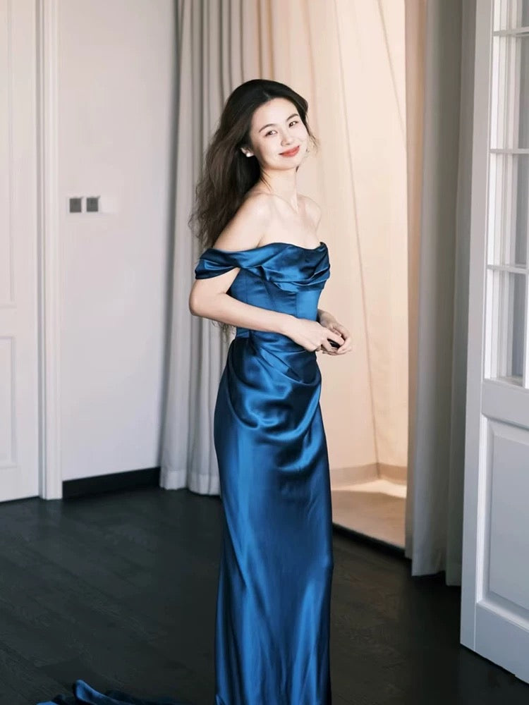 Modest Mermaid One Shoulder Navy Blue Satin Birthday Elegant Outfit Formal Prom Dresses N4097