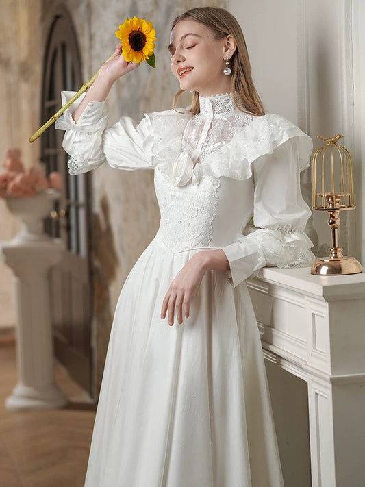 Vintage Wedding Dresses A Line High Neck With Sleeves Lace Floor Length Summer Garden Wedding Dress N4098