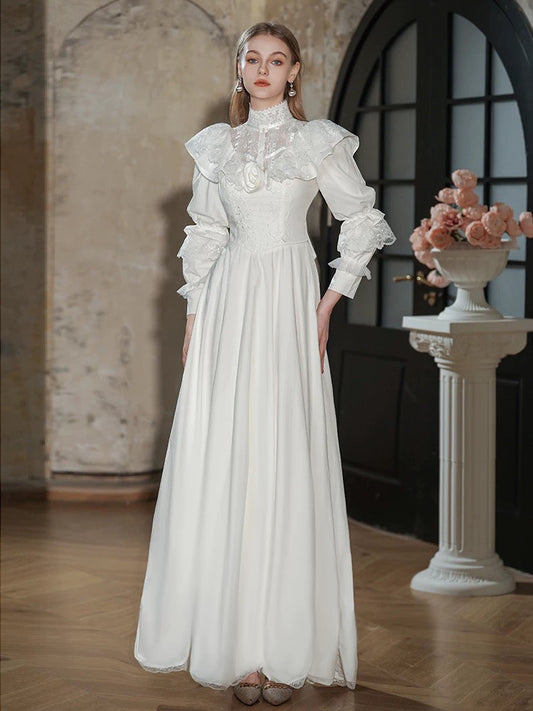 Vintage Wedding Dresses A Line High Neck With Sleeves Lace Floor Length Summer Garden Wedding Dress N4098