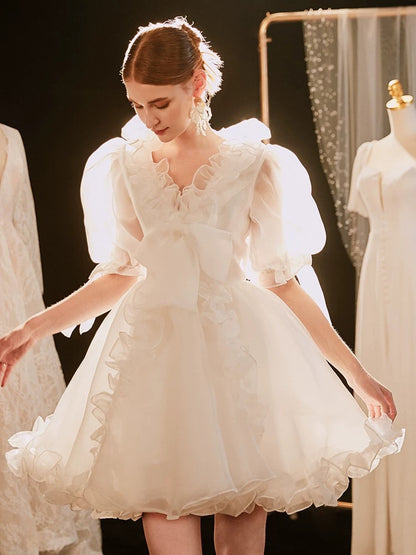 Princess Wedding Dresses Ball Gown V Neck With Sleeves Short Mini Summer Garden Wedding Dress N4099