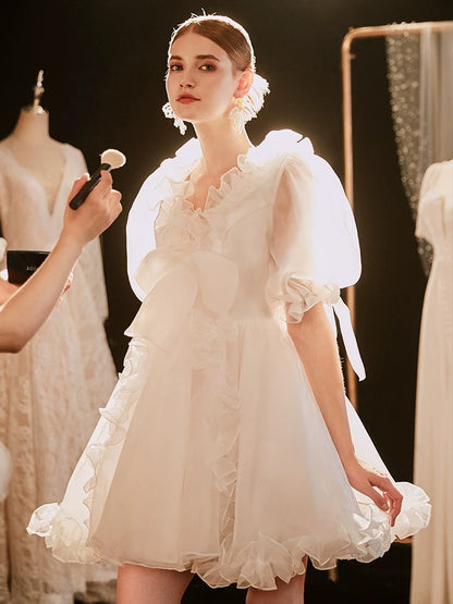 Princess Wedding Dresses Ball Gown V Neck With Sleeves Short Mini Summer Garden Wedding Dress N4099