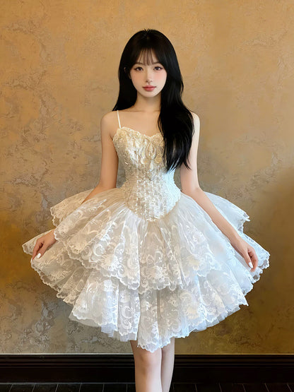 Ball Gown Spaghetti Strap Lace White Short Mini Party Dress Cocktail Homecoming Dresses N4100