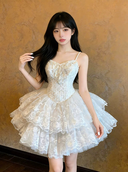 Ball Gown Spaghetti Strap Lace White Short Mini Party Dress Cocktail Homecoming Dresses N4100